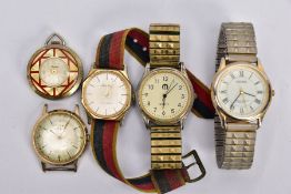 FOUR GENTS WRISTWATCHES AND A FOB WATCH, to include a 'Louifrey Antimagnetic' round champagne