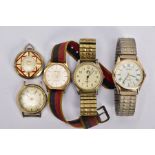 FOUR GENTS WRISTWATCHES AND A FOB WATCH, to include a 'Louifrey Antimagnetic' round champagne