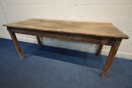 A 19TH CENTURY RECTANGULAR PINE TABLE, slatted tongue and groove top on square legs, length 182cm