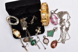 A BAG OF ASSORTED JEWELLERY, to include a lady's gold plated 'Larex' wristwatch, fitted with a snake