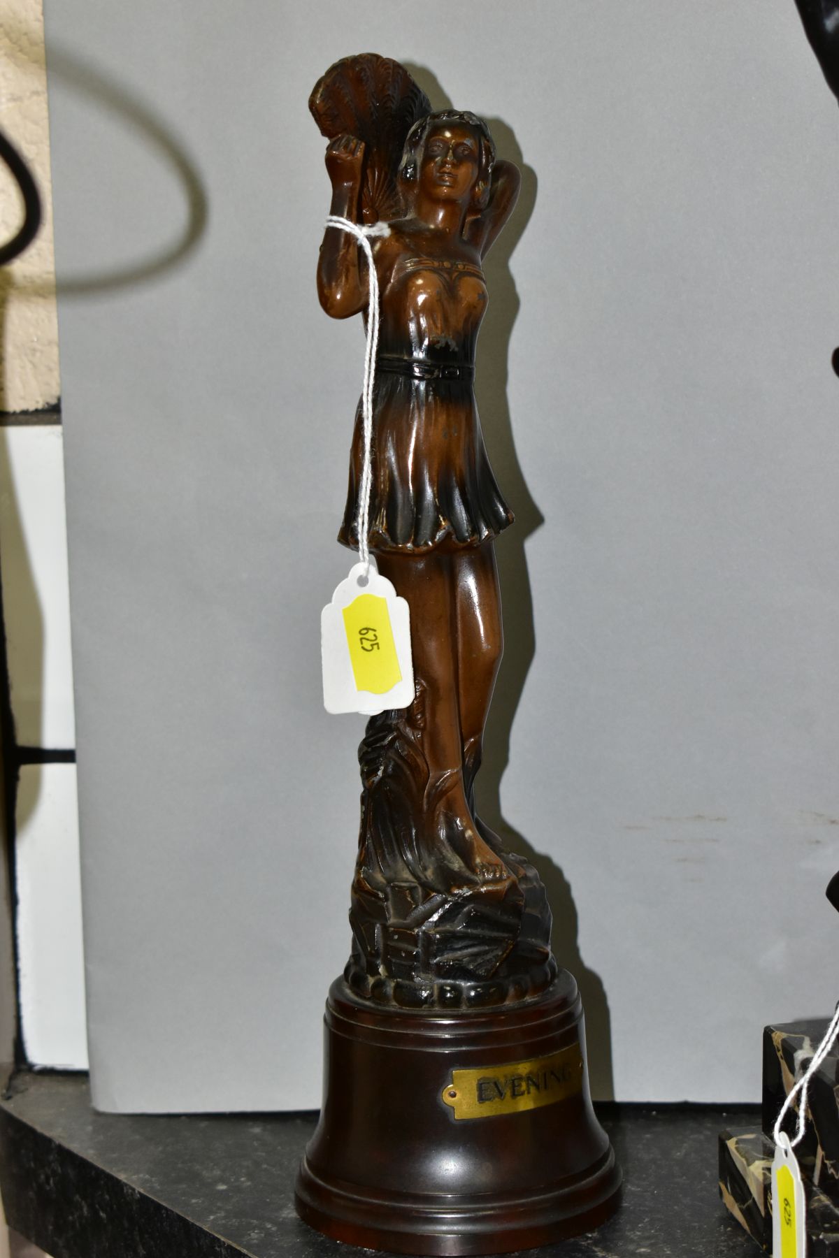 ART DECO STYLE FIGURINES, comprising a bronzed metal scantilly clad female on an onyx plinth, - Image 5 of 11