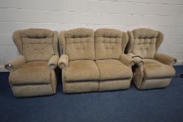 A BROWN UPHOLSTERED THREE PIECE SUITE, comprising a settee, electric rise and recline armchair and