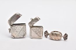 TWO SILVER VESTAS AND A PILL BOX, the first vesta of a rounded square form, decorative floral and