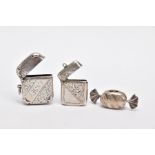 TWO SILVER VESTAS AND A PILL BOX, the first vesta of a rounded square form, decorative floral and