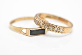 A 9CT GOLD HALF HOOP DIAMOND RING AND AN ONYX RING, the half hoop designed with a row of single