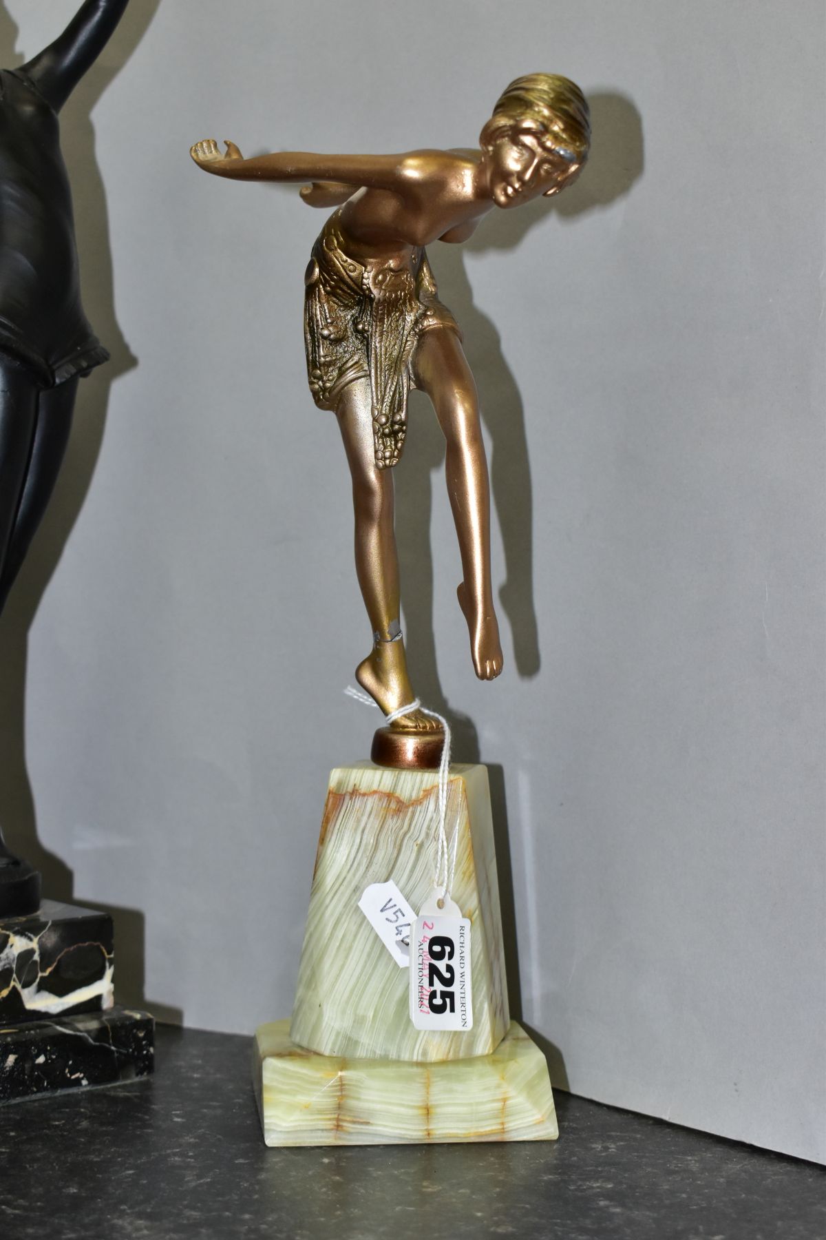 ART DECO STYLE FIGURINES, comprising a bronzed metal scantilly clad female on an onyx plinth, - Image 2 of 11