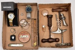 TWO BOXES OF ASSORTED ITEMS, to include a boxed a/f gent's 'Sekonda' wristwatch, a gent's white