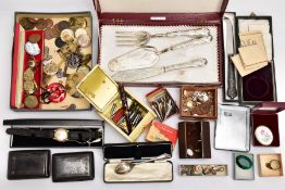 A BOX OF ASSORTED ITEMS, to include a single cased silver teaspoon, hallmarked Sheffield, a gents