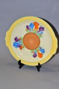 REAL STAFFORDSHIRE 'CROCUS' BY CLARICE CLIFF CAKE/SANDWICH PLATE, gilt backstamp and green 'Made