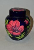 A MOORCROFT POTTERY GINGER JAR, Anemone pattern on blue ground, impressed backstamp and painted 34/