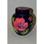 A MOORCROFT POTTERY GINGER JAR, Anemone pattern on blue ground, impressed backstamp and painted 34/