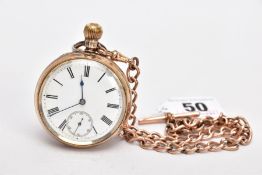 A GOLD PLATED OPEN FACE POCKET WATCH WITH A ROLLED GOLD ALBERT CHAIN, white dial, roman numerals,