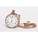 A GOLD PLATED OPEN FACE POCKET WATCH WITH A ROLLED GOLD ALBERT CHAIN, white dial, roman numerals,