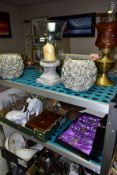 FOUR BOXES AND LOOSE CERAMICS, GLASSWARE, TREEN, KITCHENALIA, SCALES, OIL LAMP, etc, including a