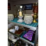 FOUR BOXES AND LOOSE CERAMICS, GLASSWARE, TREEN, KITCHENALIA, SCALES, OIL LAMP, etc, including a