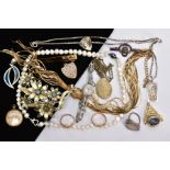 A BAG OF ASSORTED JEWELLERY, to include a cultured freshwater pearl necklace, fitted with a white