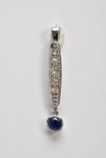 A WHITE METAL DIAMOND AND SAPPHIRE PENDANT, tapered drop pendant set with old cut and single cut