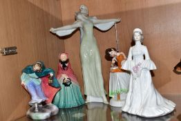 THREE ROYAL DOULTON FIGURES, A CARLTON CHINA FIGURE, AND A COALPORT FIGURE, comprising '