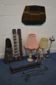 A QUANTITY OF MISCELNANEOUS to includes two table lamps, smokers stand, small companion set, wall