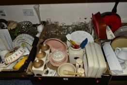 SIX BOXES OF KITCHEN WARES AND DRINKING GLASSES, etc to include three Wedgwood Windsor roasting