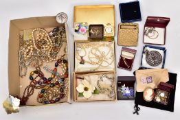 A BOX OF ASSORTED ITEMS, to include a gold plated heart locket pendant, suspending from a fine