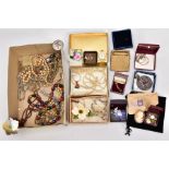 A BOX OF ASSORTED ITEMS, to include a gold plated heart locket pendant, suspending from a fine