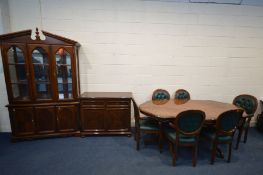 A ITALIAN GLOSS FINISH DINING SUITE comprising a marquetry twin pedestal dining table, width 197cm x