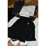 A BOX OF COSTUME AND TEXTILES including a beaded Victorian mourning cape with further mourning wear,