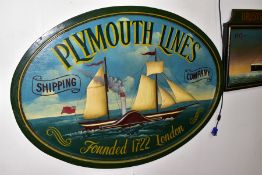 TWO DECORATIVE MARITIME THEMED WOODEN WALL HANGINGS, the first for Plymouth Lines Shipping Company