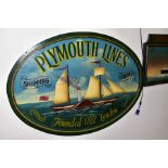 TWO DECORATIVE MARITIME THEMED WOODEN WALL HANGINGS, the first for Plymouth Lines Shipping Company