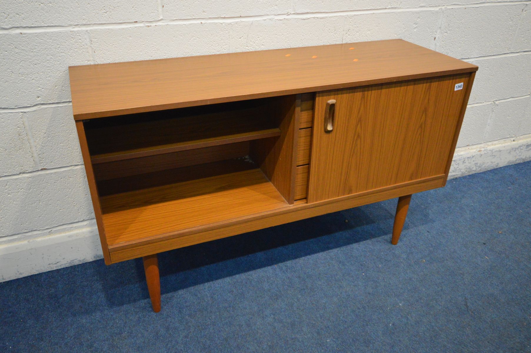 A SCHREIBER TEAK EFFECT SIDEBOARD, with a single sliding door and three drawers, width 123cm x depth - Image 2 of 2