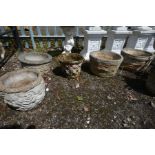 A PAIR OF COOPERED BARREL STYLE PLANTERS, diameter 42cm x height 25cm along with three various other