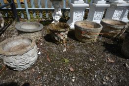 A PAIR OF COOPERED BARREL STYLE PLANTERS, diameter 42cm x height 25cm along with three various other