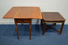 A VICTORIAN WALNUT PEMBROOKE TABLE with a single drawer, along with a mahogany occasional table (2)