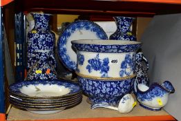 ROYAL DOLTON FLOW BLUE 'MELROSE' PATTERN DINNER WARES, comprising six soup bowls (four damaged), six