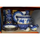 ROYAL DOLTON FLOW BLUE 'MELROSE' PATTERN DINNER WARES, comprising six soup bowls (four damaged), six