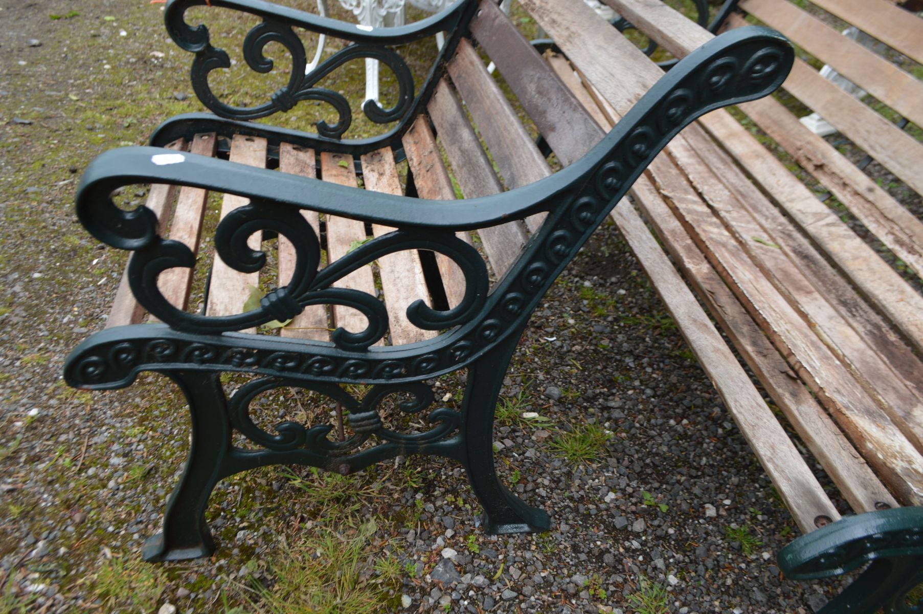 A CAST IRON GREEN PAINTED GARDEN BENCH with teak slats, length 130cm and a matching armchair, length - Image 3 of 3