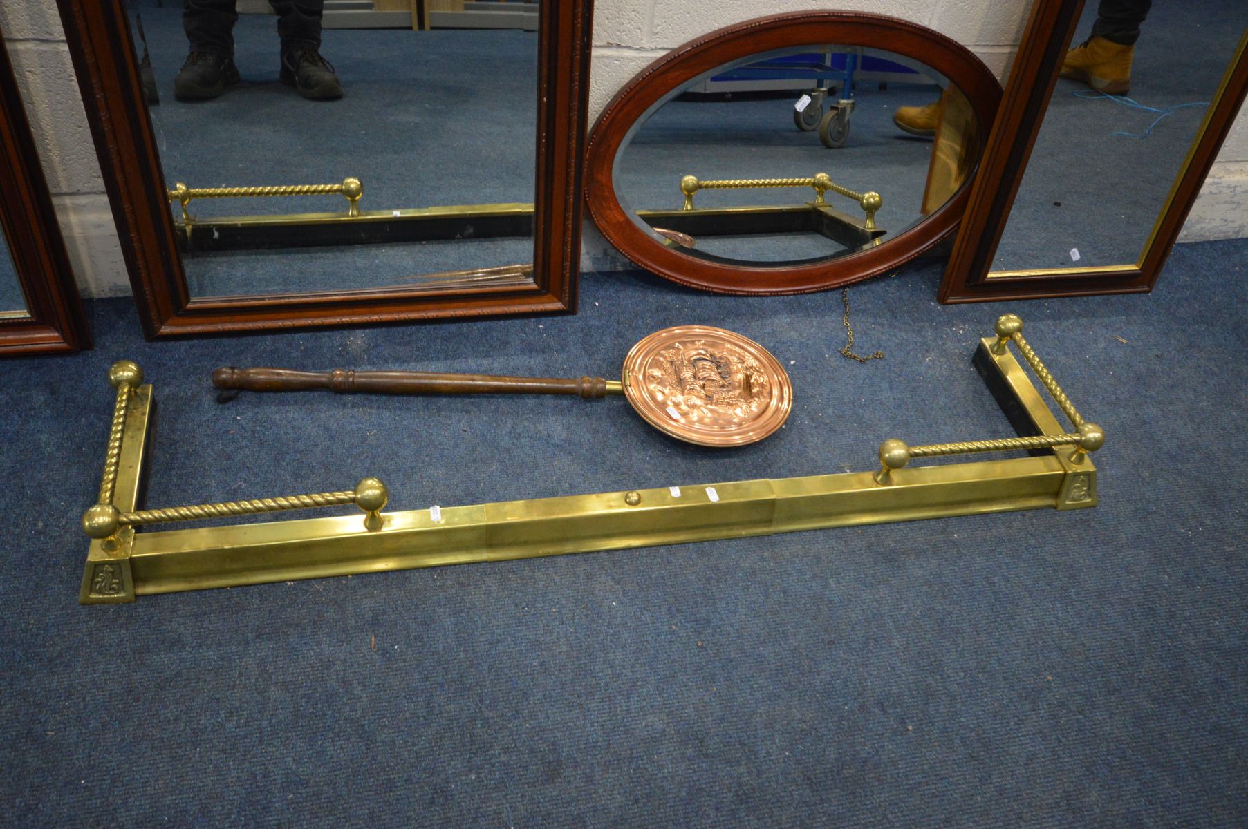 AN EXTENDING BRASS FENDER, a copper warming pan, beech torchere stand and five various mirrors, - Image 4 of 4