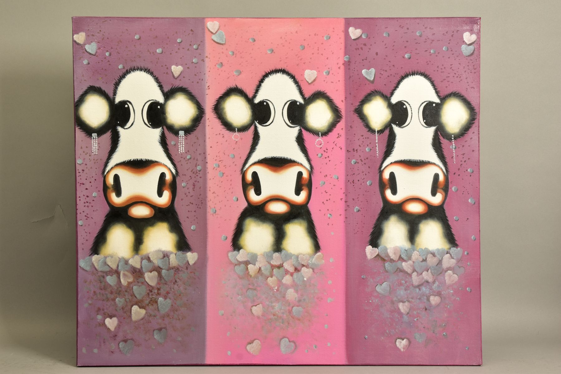 IN THE STYLE OF CAROLINE SHOTTON (BRITISH 1973) three quirky cows wearing earrings, unsigned, oil on
