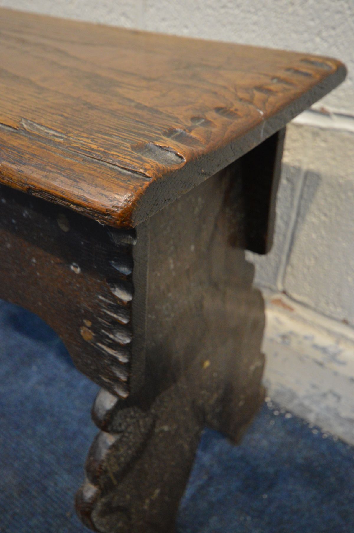 A GEORGIAN BOARDED OAK STOOL, a single plank top to twin shaped supports, width 51cm x depth 30cm - Image 3 of 6