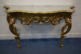 A LATE 20TH CENTURY GILTWOOD FRENCH STYLE HALL TABLE, with a decorated mirror top on four legs,