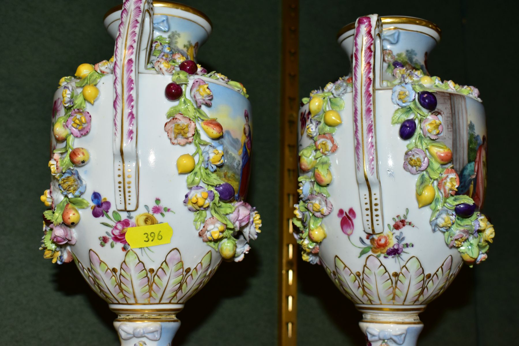 A PAIR OF EARLY 20TH CENTURY POTSCHAPPEL PORCELAIN TWIN HANDLED FLORAL ENCRUSTED VASES ON PLINTHS, - Image 6 of 20
