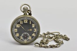 A WHITE METAL MILITARY OPEN FACE POCKET WATCH, round black dial signed 'Cyma', worn luminescent