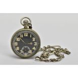A WHITE METAL MILITARY OPEN FACE POCKET WATCH, round black dial signed 'Cyma', worn luminescent