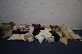 A LARGE COLLECTION OF SCATTER CUSHIONS, of various colours, patterns, materials, to include three