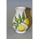 A SMALL MOORCROFT POTTERY VASE, bird and lemon tree pattern, Sally Tuffin design, impressed and