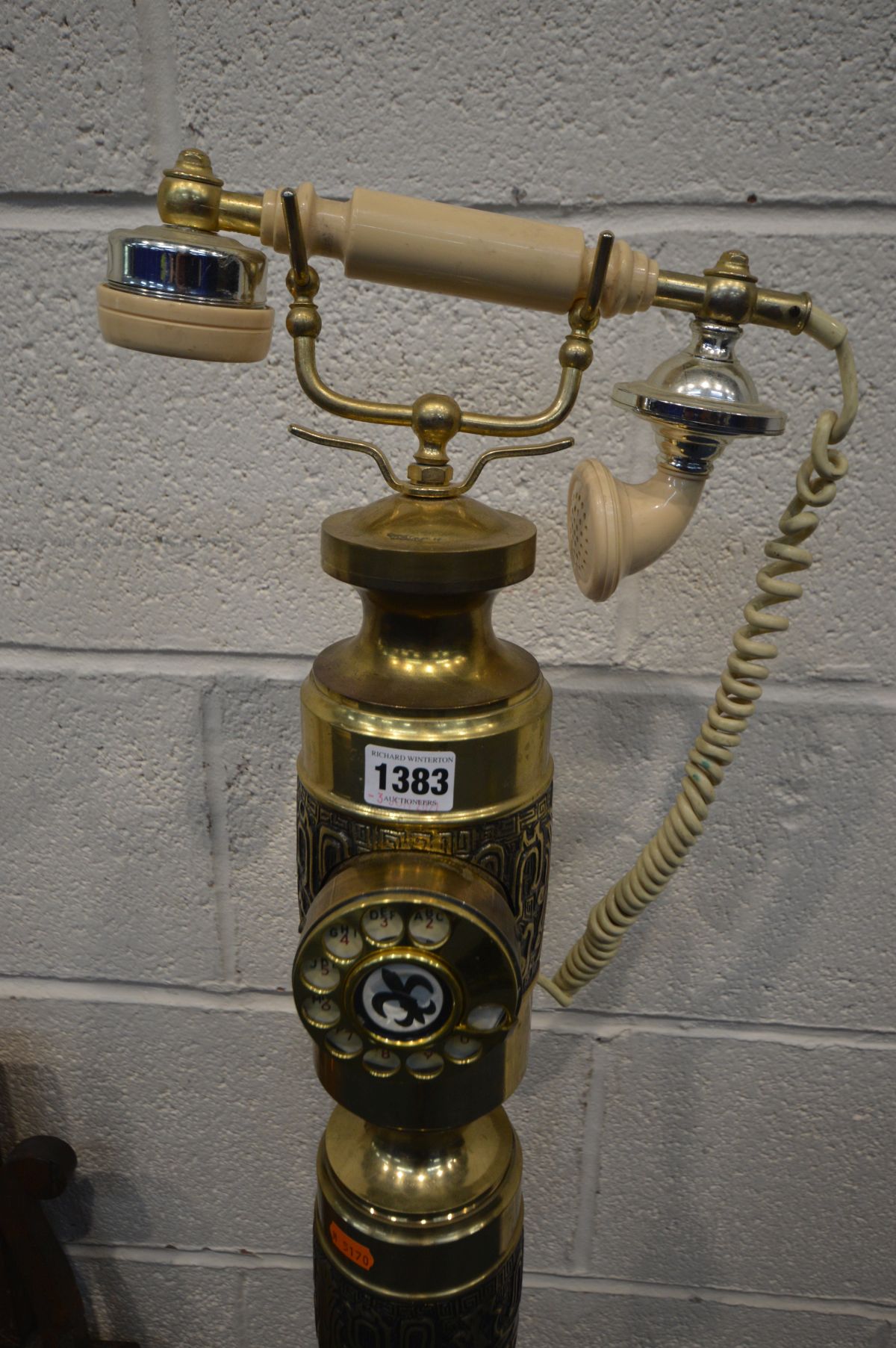 A VINTAGE BRASS FLOORSTANDING DIAL PHONE, height 106cm together with a dressing table mirror and a - Image 3 of 5