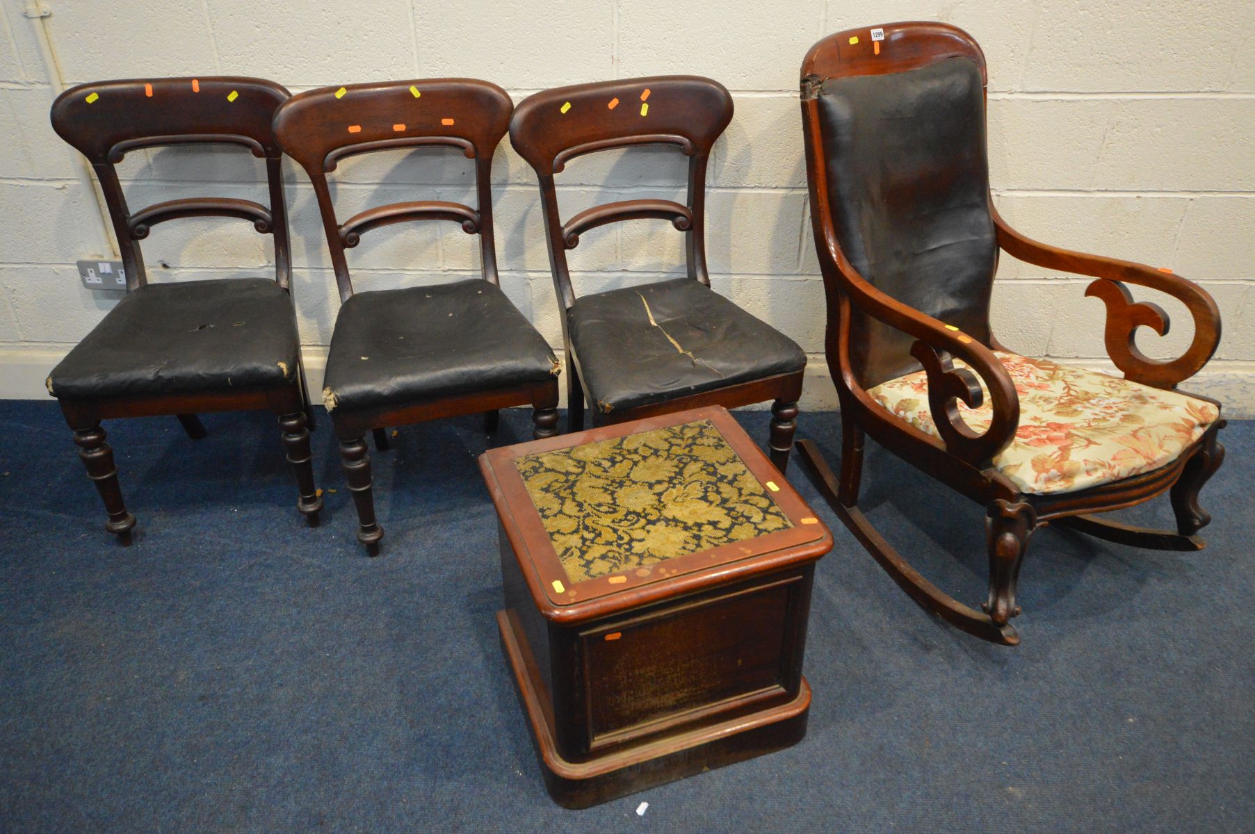 A VICTORIAN MAHOGANY STEP COMMODE, with ceramic bowl together with three Victorian bar back