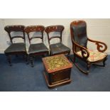 A VICTORIAN MAHOGANY STEP COMMODE, with ceramic bowl together with three Victorian bar back