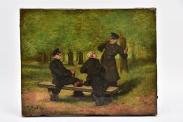 A LATE 19TH/EARLY 20TH CENTURY OIL PAINTING, oil on canvas, three former military men in a